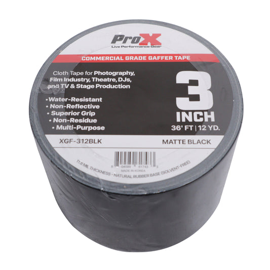 ProX XGF-312BLK 3 Inch 36FT 12YD Matte Black Commercial Grade Gaffer Tape Pros Choice Non-Residue
