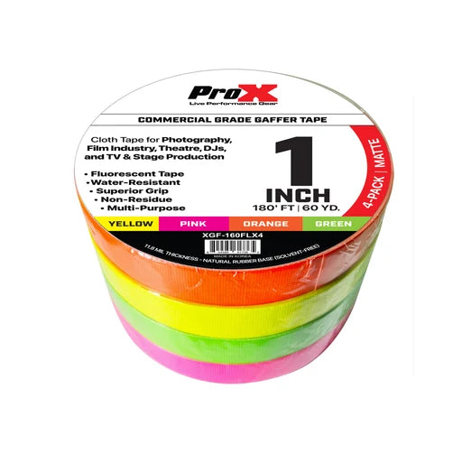 ProX 4-Pack 1" 180FT 60YD Multiple-Color Fluorescent Gaffer Tape XGF-160FL4