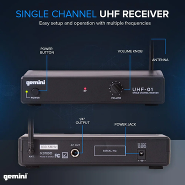 Gemini UHF-01M wireless microphone system, 150 ft range, 533.7 MHz UHF, handheld dynamic mic