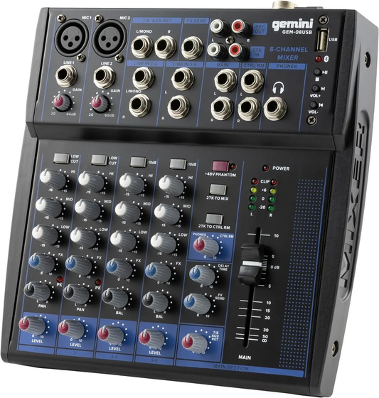 Gemini GEM-08USB compact 8-channel Bluetooth mixer, 8 inputs, 2 mic preamps with phantom power, USB and Bluetooth playback