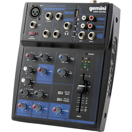 Gemini GEM-05USB compact 5-channel mixer with Bluetooth and USB playback, XLR mic input, +48V phantom power, onboard delay FX