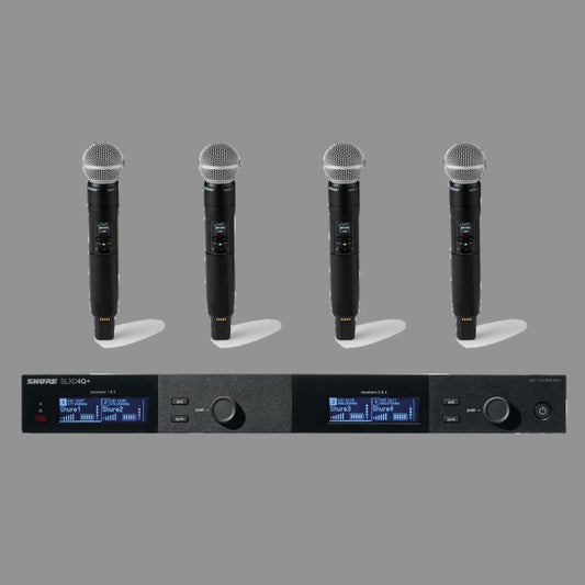 SLXD24Q+ Receiver + SM58 Transmitter Bundle
Set of 1 Wireless Quad Receiver and 4 Handheld Transmitters