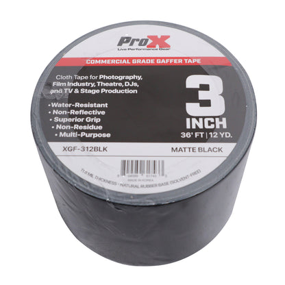 ProX XGF-312BLK 3 Inch 36FT 12YD Matte Black Commercial Grade Gaffer Tape Pros Choice Non-Residue