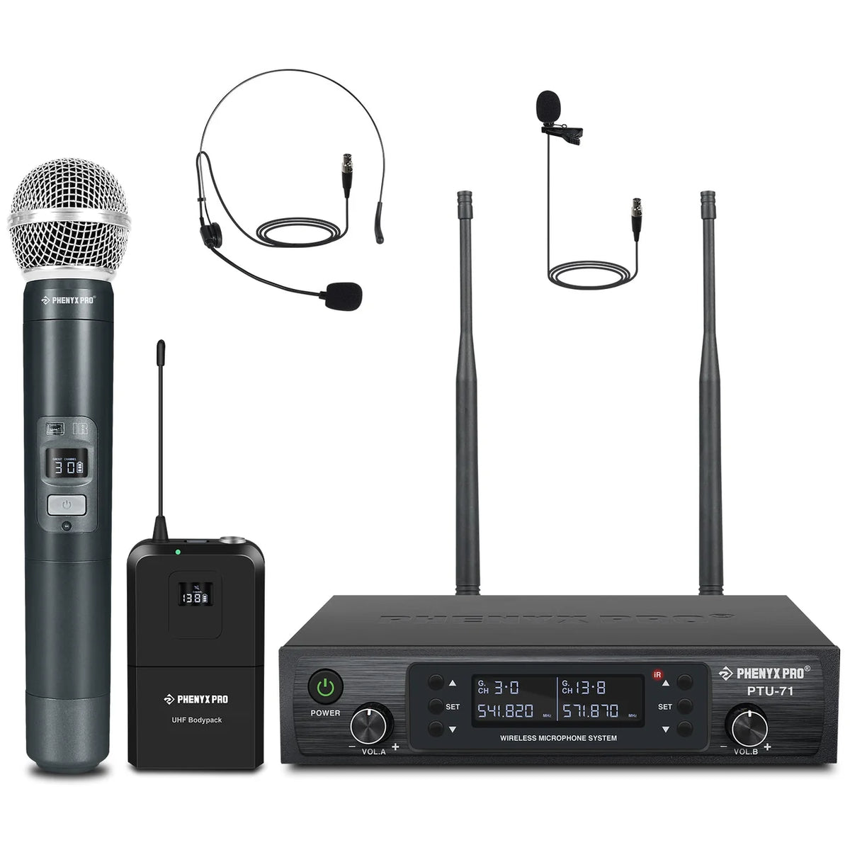 Phenyx Pro PTU-71-1H1B Dual UHF Wireless Microphone System w/ Auto-Scan
