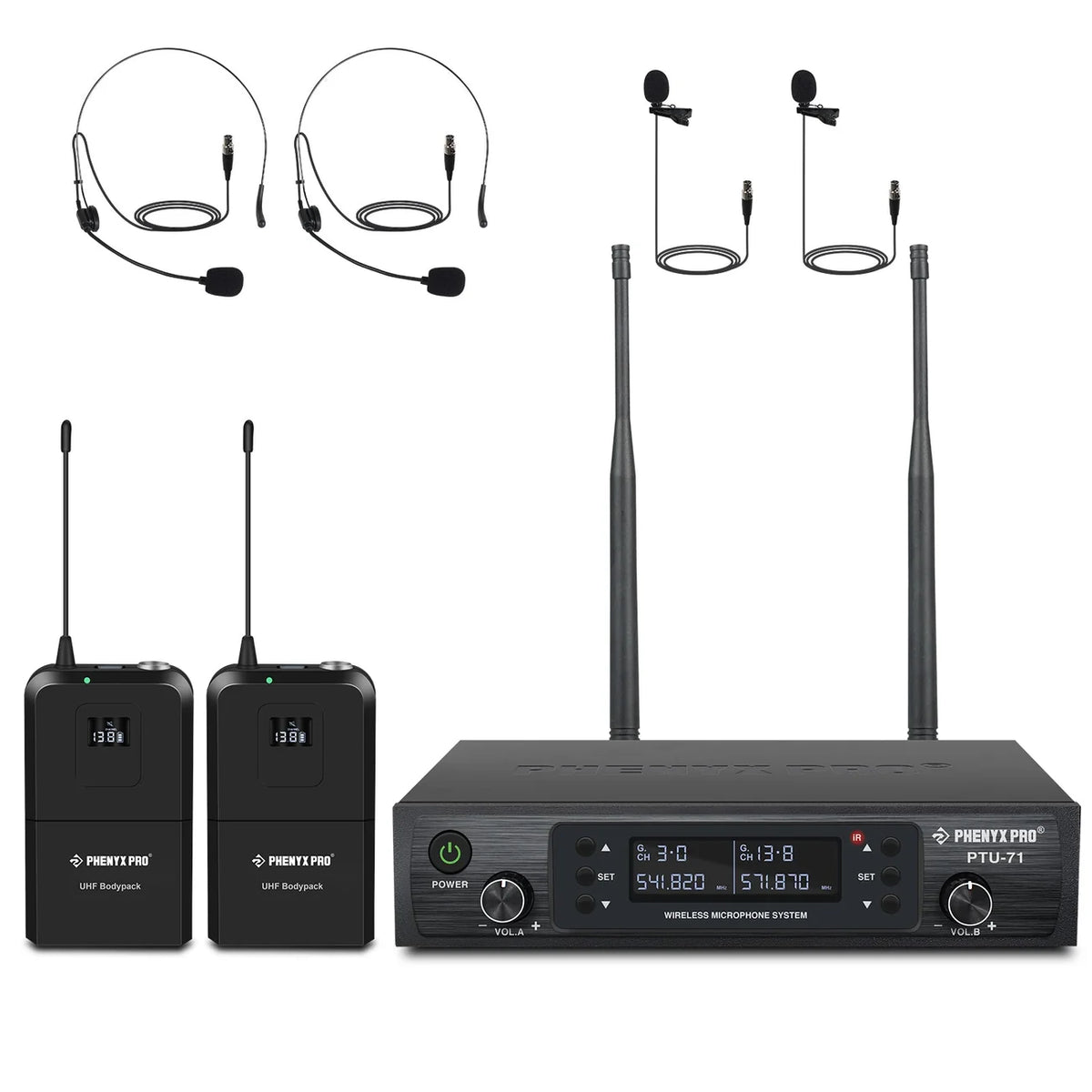 Phenyx Pro PTU-71-2B Dual UHF Wireless Microphone System w/ Auto-Scan