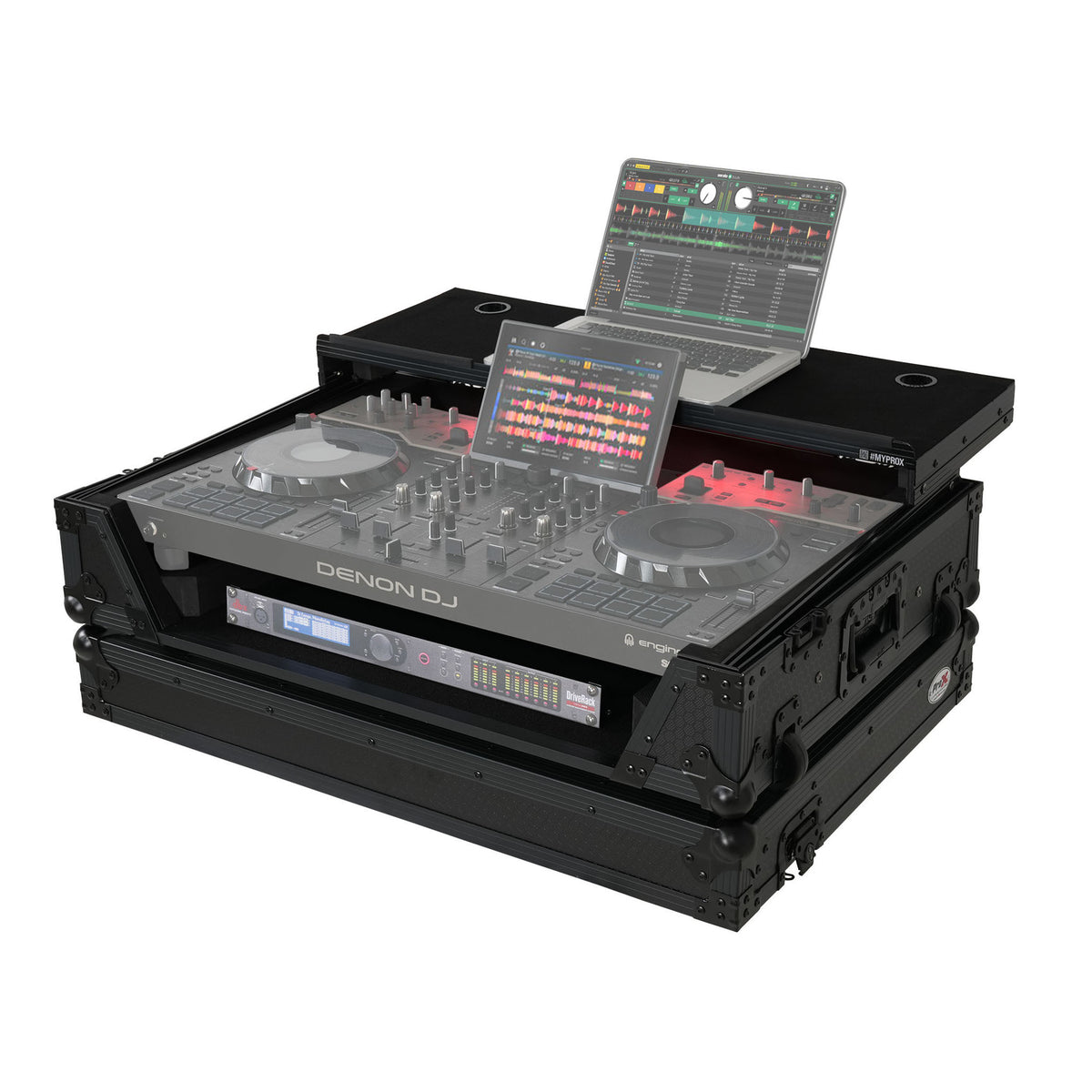 ProX XS-PRIME4 WLTBL LED MK2 ATA Flight Case For Denon PRIME 4 G2/PRIME 4 MK2 DJ Controller with Laptop Shelf 1U Rack Space and Wheels - Black