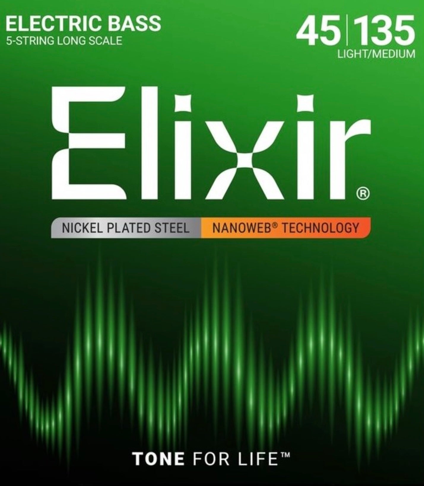 Elixir Nanoweb Electric Bass Guitar Strings Nickel Plated Steel - .045-.135 Light/Medium Long Scale, 5-string