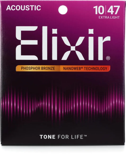 Elixir Nanoweb Phosphor Bronze Acoustic Guitar Strings - .010-.047 Extra Light