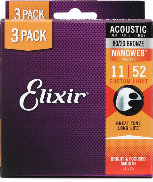 Elixir Nanoweb 80/20 Acoustic Guitar Strings - .011-.052 Custom Light 3 Pack