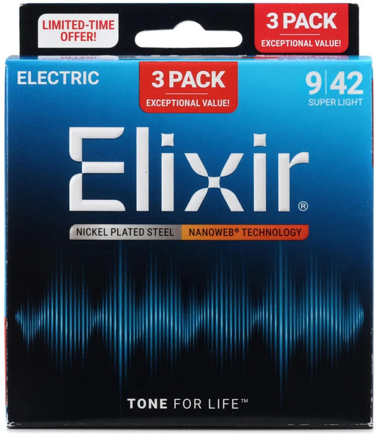 Elixir Nanoweb Electric Guitar Strings - .009-.042 Super Light 3 Pack