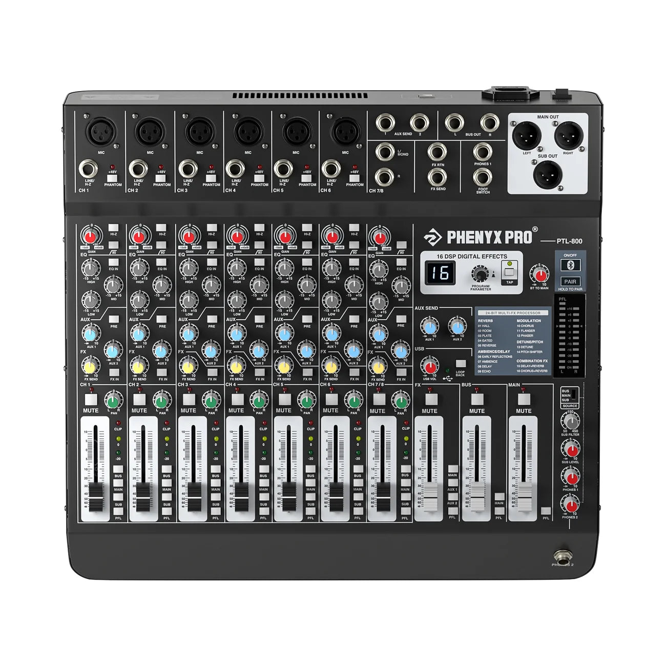 Phenyx Pro PTL-800 8-Channel Audio Mixer w/ 16 DSP Effects