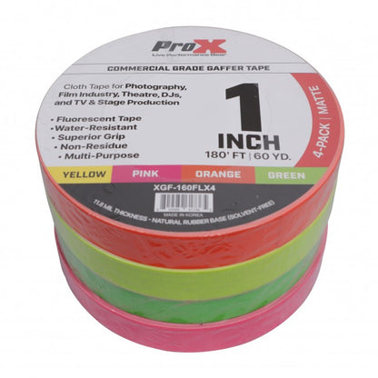 ProX 4-Pack 1" 180FT 60YD Multiple-Color Fluorescent Gaffer Tape XGF-160FL4