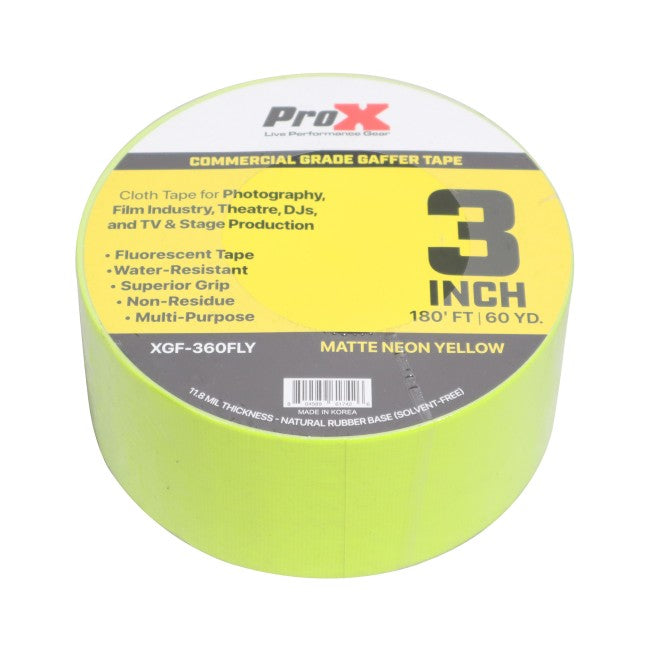 ProX 3 Inch 180FT 60YD Fluorescent Yellow Gaffer Tape XGF-360FLY