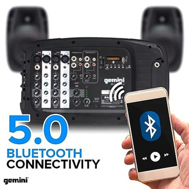 Gemini ES-210MXBLU-ST portable PA system with speaker stands, 600W, dual 10" speakers, Bluetooth/USB/SD media player