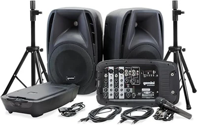 Gemini ES-210MXBLU-ST portable PA system with speaker stands, 600W, dual 10" speakers, Bluetooth/USB/SD media player