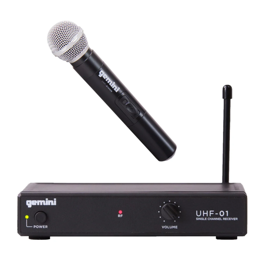 Gemini UHF-01M wireless microphone system, 150 ft range, 533.7 MHz UHF, handheld dynamic mic