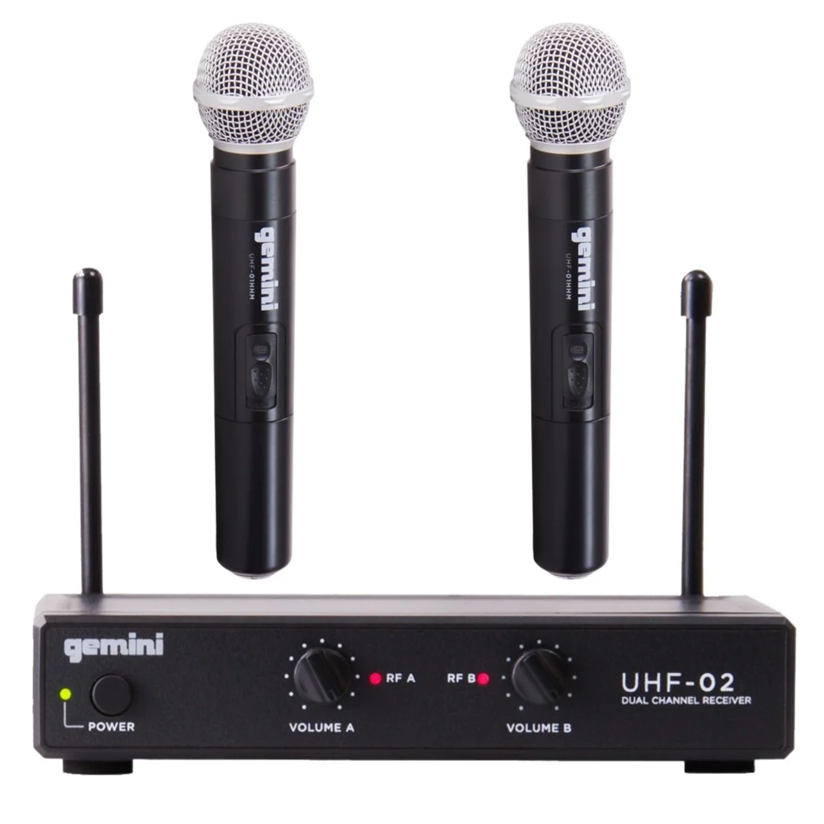 Gemini UHF-02M dual-channel wireless microphone system, 2 handheld mics, 150-ft range, dual volume controls