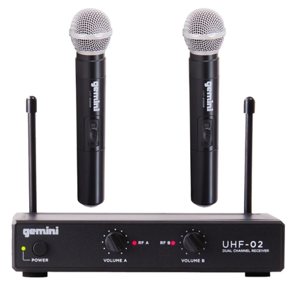 Gemini UHF-02M dual-channel wireless microphone system, 2 handheld mics, 150-ft range, dual volume controls