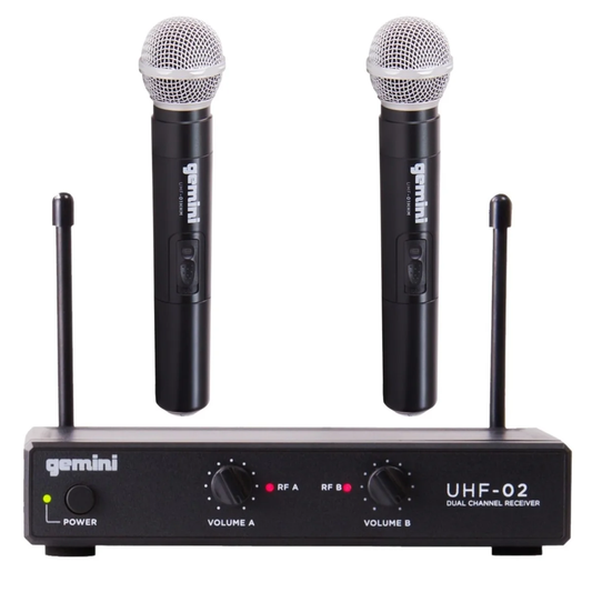 Gemini UHF-02M dual-channel wireless microphone system, 2 handheld mics, 150-ft range, dual volume controls