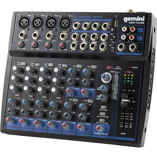 Gemini GEM-12USB 12-channel audio mixer with Bluetooth, 4 XLR mic preamps, 3-band EQ, onboard multi-FX