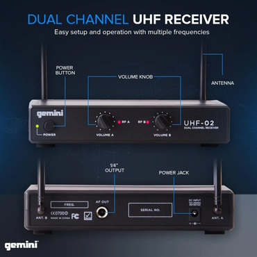 Gemini UHF-02M dual-channel wireless microphone system, 2 handheld mics, 150-ft range, dual volume controls